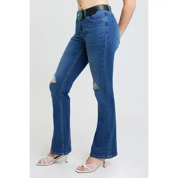 Women’s Mid Rise Belted Bootcut Jeans – Classic Fit with Removable Belt